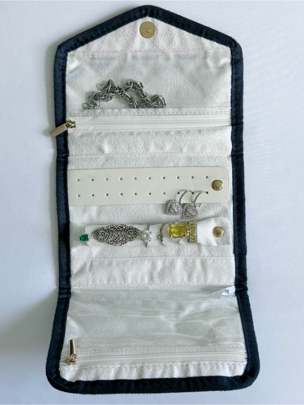 Navy Blue Quilted Velvet Jewelry Organizer Travel Case Makeup Clutch Bag Pouch